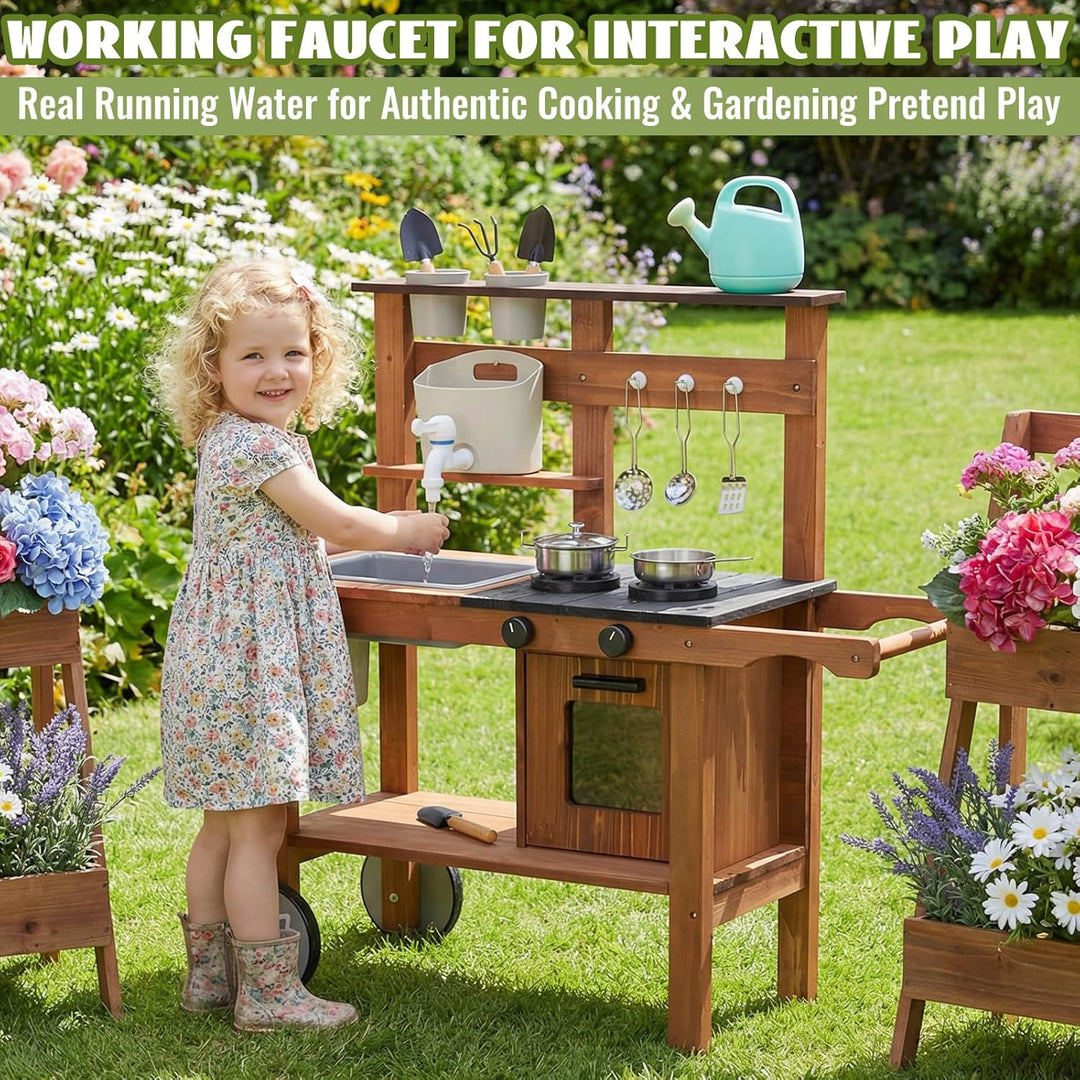 Outdoor Spielküche Gartenspielküche Matschküche Kinder Outdoor Mit Rädern, Wasserkocher, Spüle, Holz
