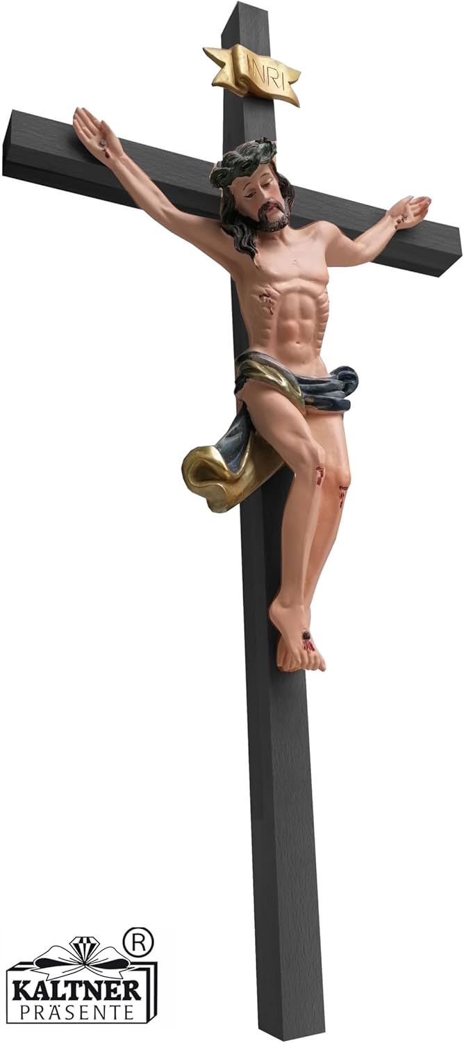 Kaltner Präsente Geschenkidee - 53 cm Wandkreuz Kreuz Kruzifix aus Buche schwarz mit Jesus Christus