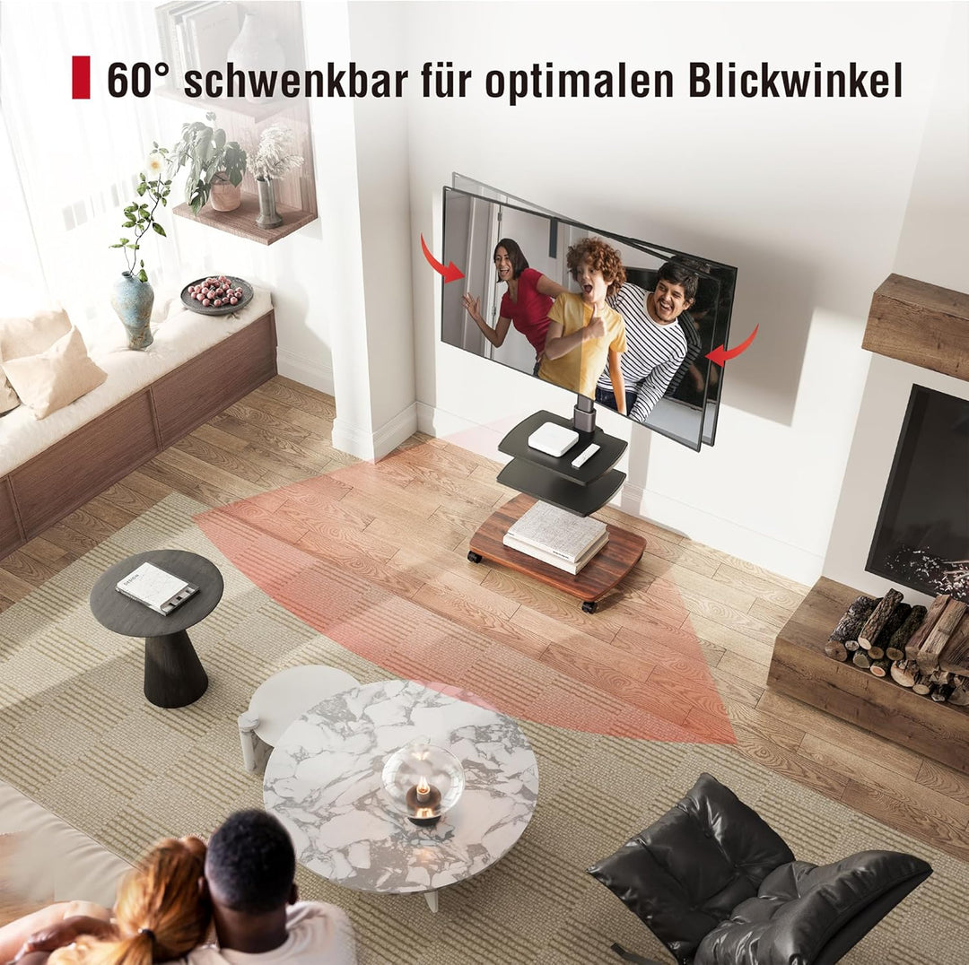 AOKCOS TV Ständer Rollbar mit Holzablage 2 Regal, Fernsehständer auf Rollen für 32-65 Zoll TV, TV Bo