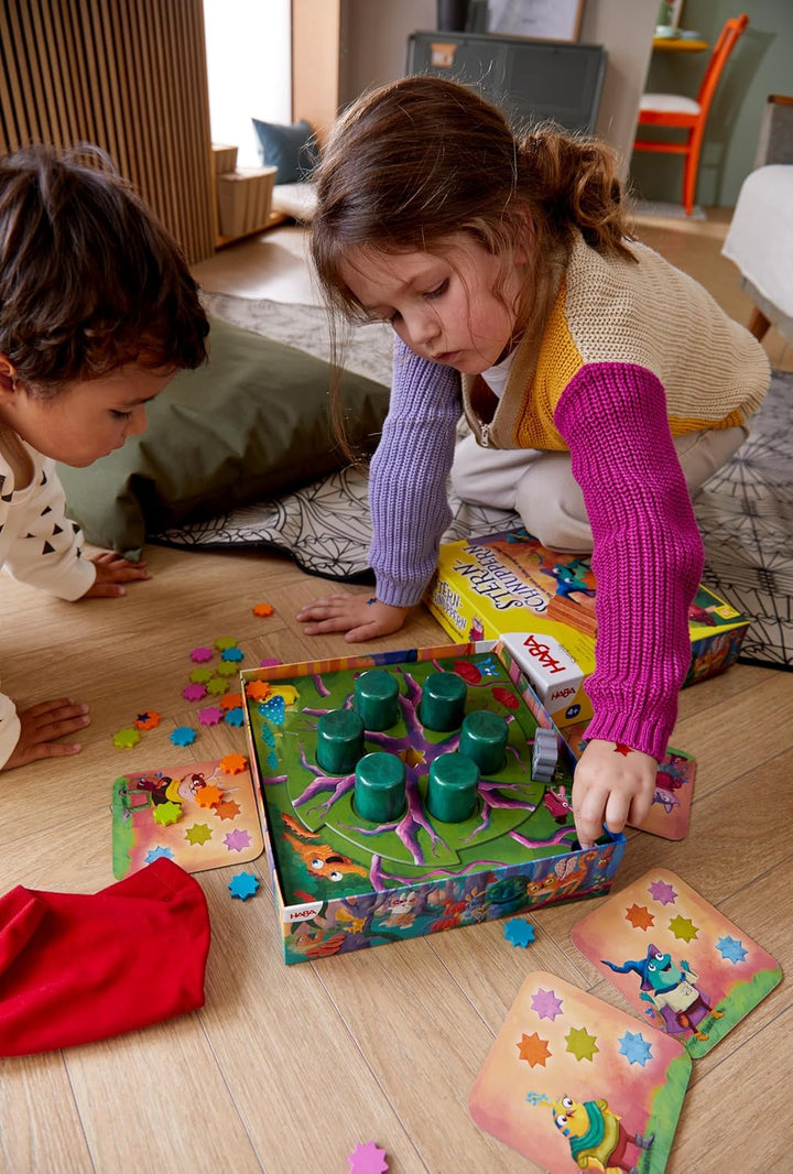 HABA Kinderspiel Sternschnuppern – Sammelspiel mit Drehmechanismus, 48 Bunte Holzsterne, 2 Spielvari