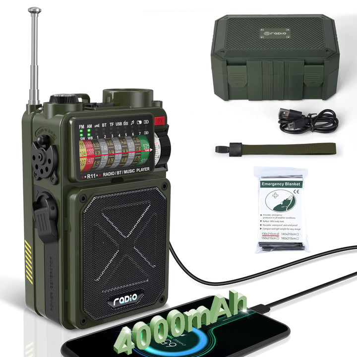 NOAA Wetterradio – 4000 mAh AM/FM/WB/SW Notfall-Radio mit Bluetooth, Taschenlampe, SOS-Alarm, Stromv