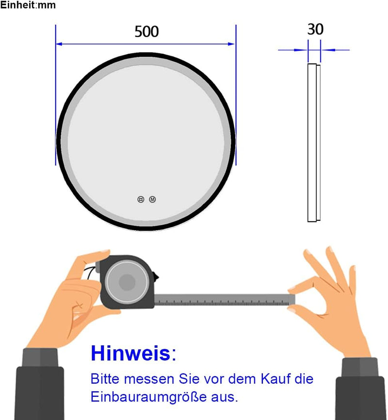 EMKE runder Spiegel mit Beleuchtung 50cm Durchmesser Badspiegel rund Schwarz, mit 3 Lichtfarbe dimmb