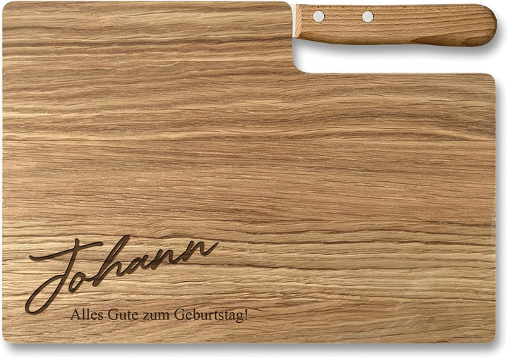 Personalisiertes Premium Frühstücksbrettchen mit Buckelsmesser, Wunsch-Name und Text graviert – Gesc