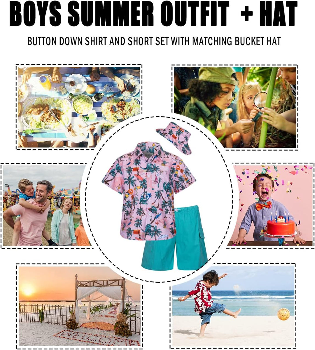 Kind Jungen Hawaii Hemd Short Set Kurzarm Sommer Outfits 3tlg Beach Kleidung Set, Shirt/Hose/Mütze 3