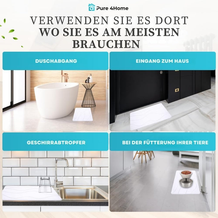 Pure 4Home Badematte Kieselgur 60 x 40 cm – Saugstark & Schnelltrocknend, rutschfest – Diatomit Stei