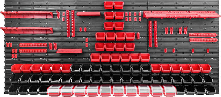 Lagersystem Werkstattregal | 172 x 78 cm | 78 stck. Box | Wandregal mit Werkzeughalterungen und Stap
