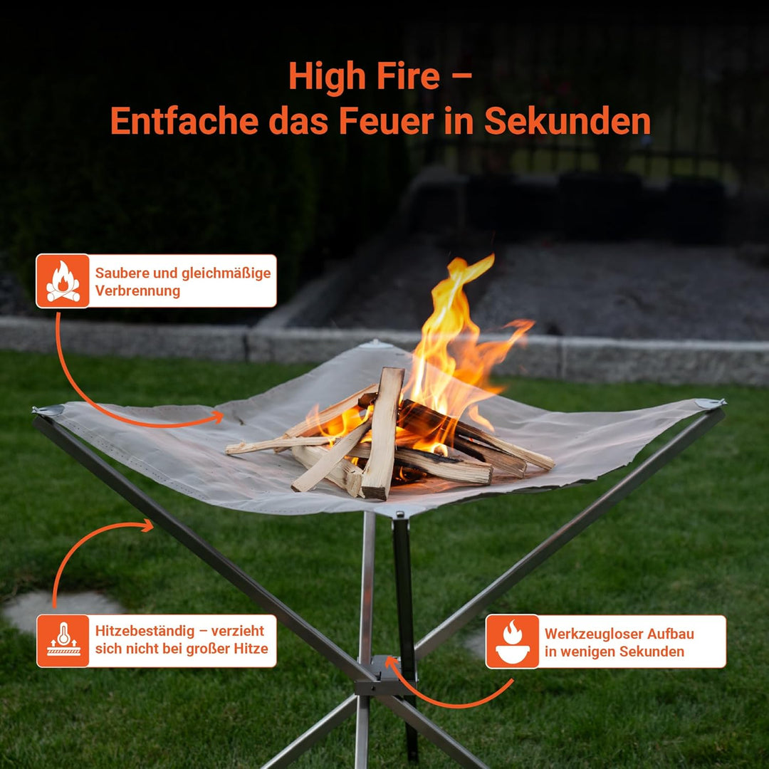 FENNEK HIGHFIRE | Hochwertiges, transportables XL Feuernetz aus Edelstahl | 60 x 60 x 63 cm | Mit Ta
