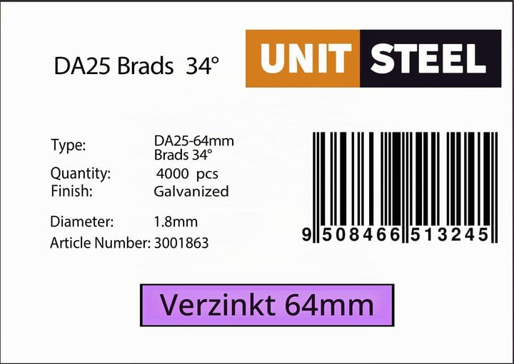 34° Stauchkopfnägel - 1,8x64mm, 4.000 stück, Nägel für Druckluft-Nagler, DA25EAB, Verzinkt, für fast