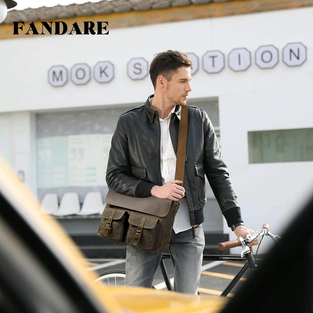 FANDARE Retro Umhängetasche Handtasche Tragetasche Schultertasche Herrentasche Segeltuch Leder Kurie