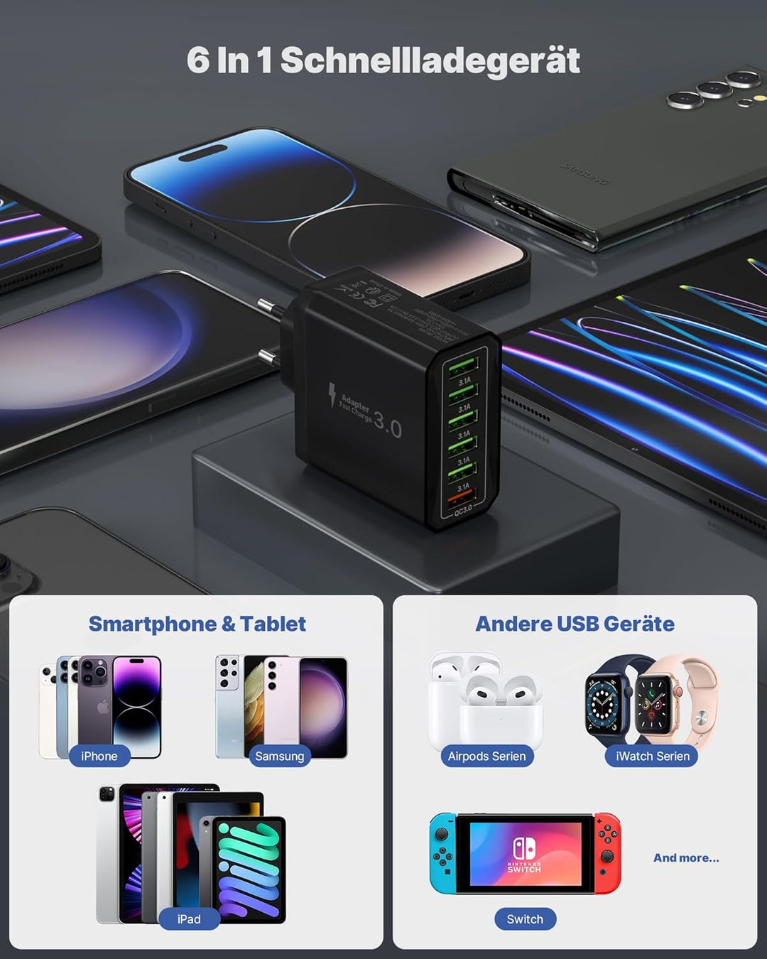 USB Ladegerät 2er-Pack, 6-Ports Schnellladegerät Mehrfach 33W USB Netzteil mit QC 3.0 und USB 3.1A,