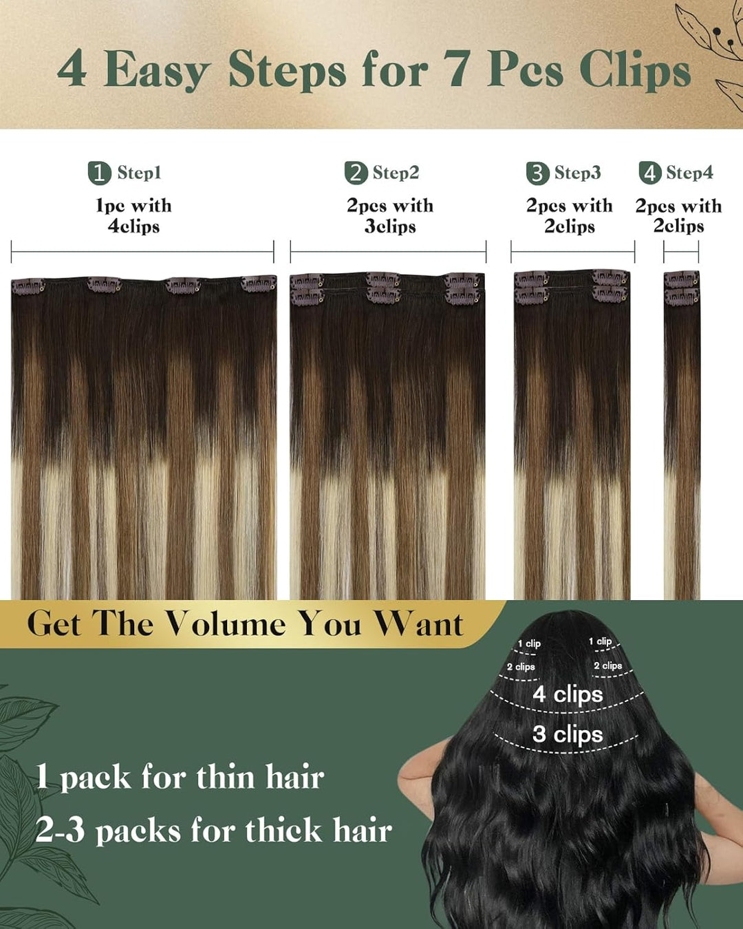 Ugeat 55cm Echthaar Extensions 120 Gramm Clip in Echthaar Tressen Clips Echthaar Dunkel Braun bis Mi