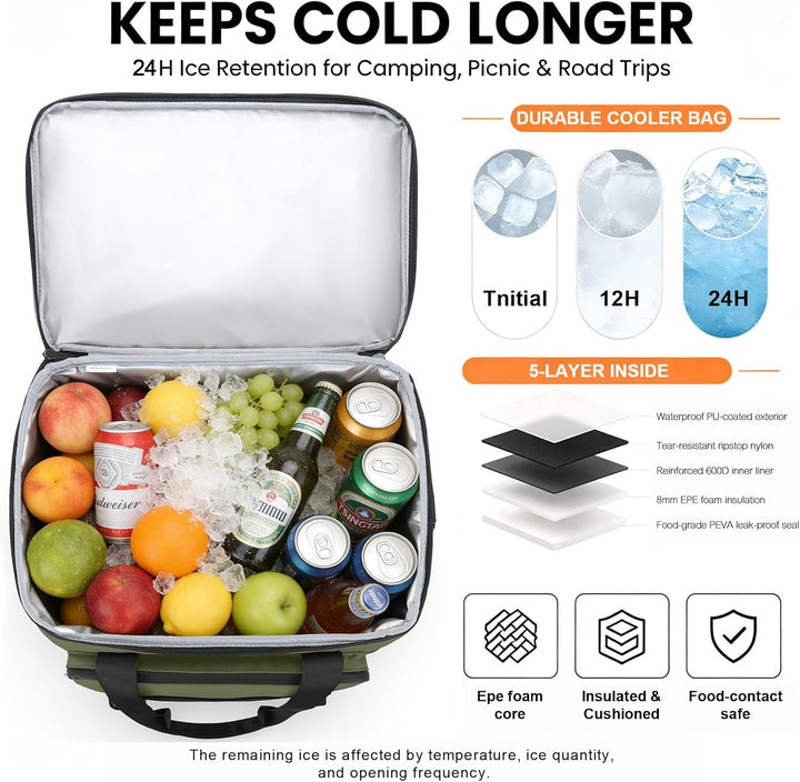 Kühltasche, 40L Grosse Kühlbox Faltbar, Wasserdichte Doppelwand Thermotasche Isolierte Picknicktasch