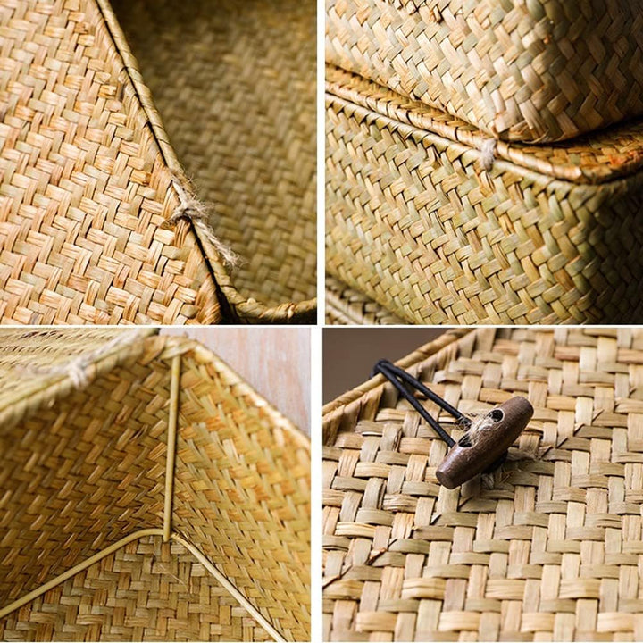 Rattankorb Aufbewahrungskorb aus Seegras Aufbewahrungsbox mit Deckel Dekobox Natürliches Material 3