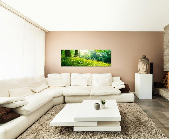 Paul Sinus Art Panoramabild auf Leinwand und Keilrahmen 150x50cm Wald Wiese Pusteblumen Frühling Son