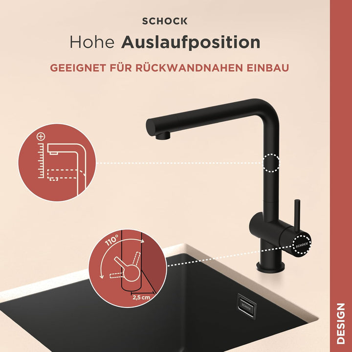 SCHOCK® Küchenarmatur EPOS Puro I schwarze Niederdruck Armatur Puro I Einhebelmischer mit Festauslau