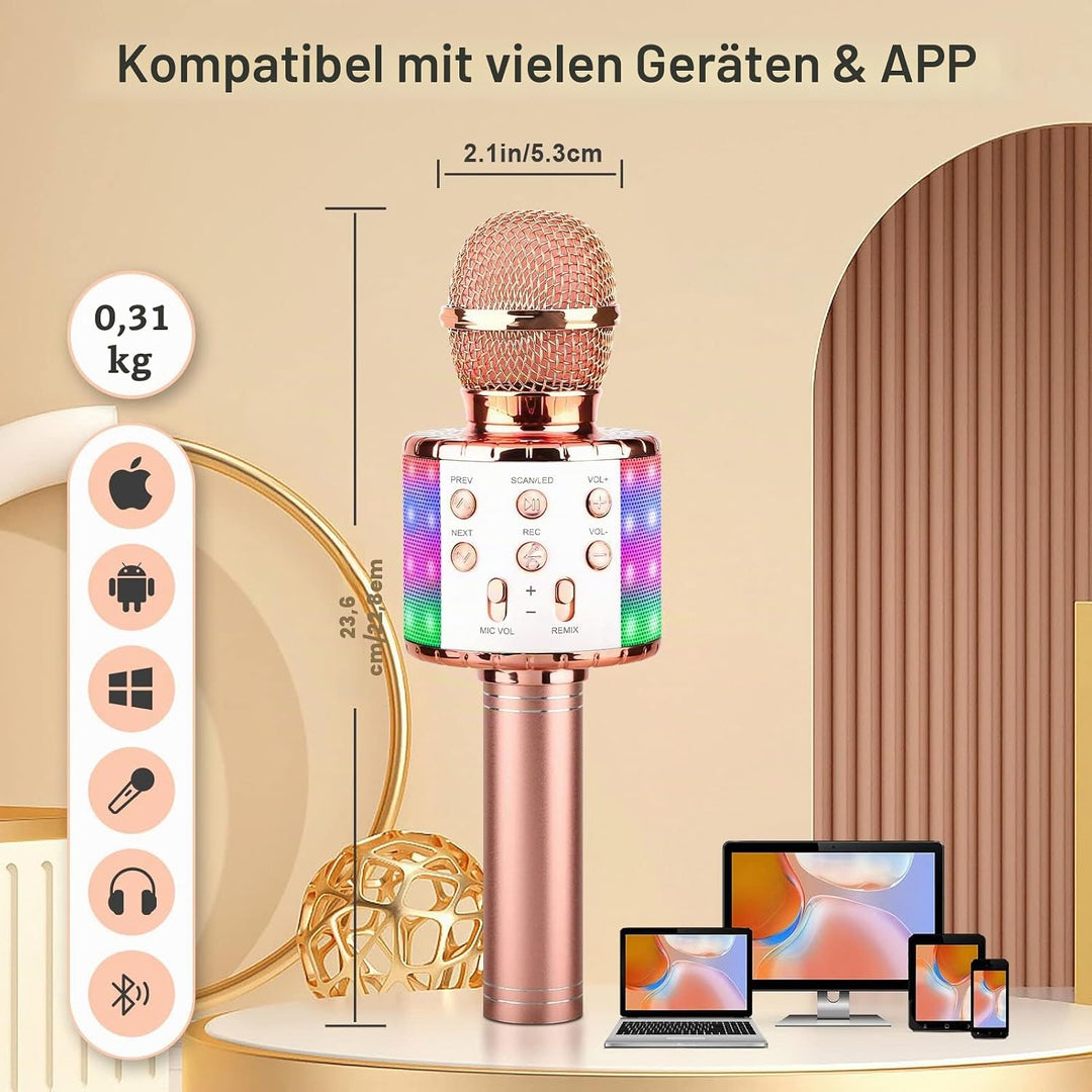 ShinePick Mikrofon Kinder Bluetooth, 4-in-1 Drahtloses Karaoke Mikrofon, Tragbare LED Microphone Spi