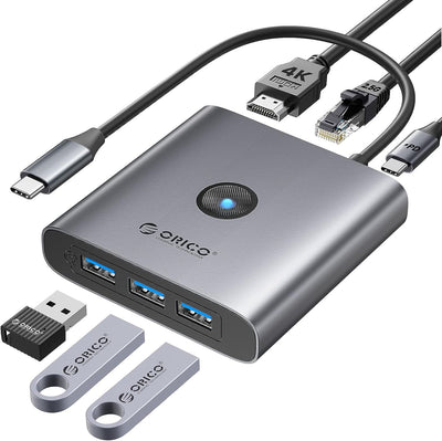 ORICO Hub USB C, 6 in 1 Docking Station USB C mit HDMI 4K@30Hz, 3 USB-A 3.0, PD 100W, 2.5G Ethernet,