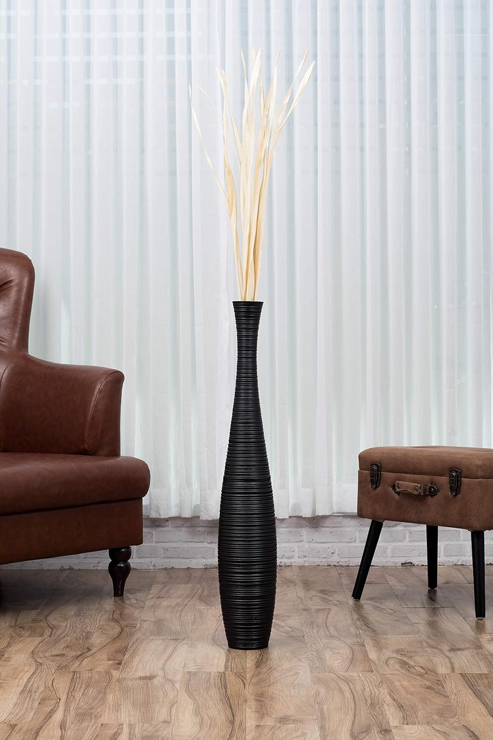 Leewadee Grosse Bodenvase für Dekozweige hohe Standvase Design Holzvase, Holz, 90 cm, Schwarz 90 cm