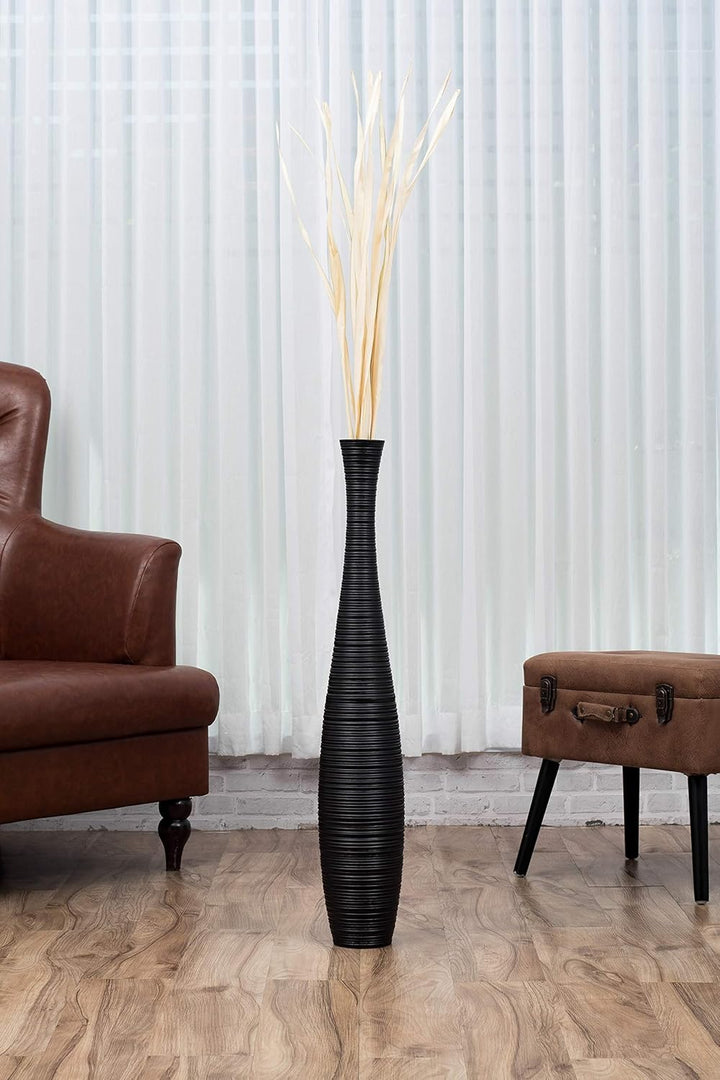 Leewadee Grosse Bodenvase für Dekozweige hohe Standvase Design Holzvase, Holz, 90 cm, Schwarz 90 cm