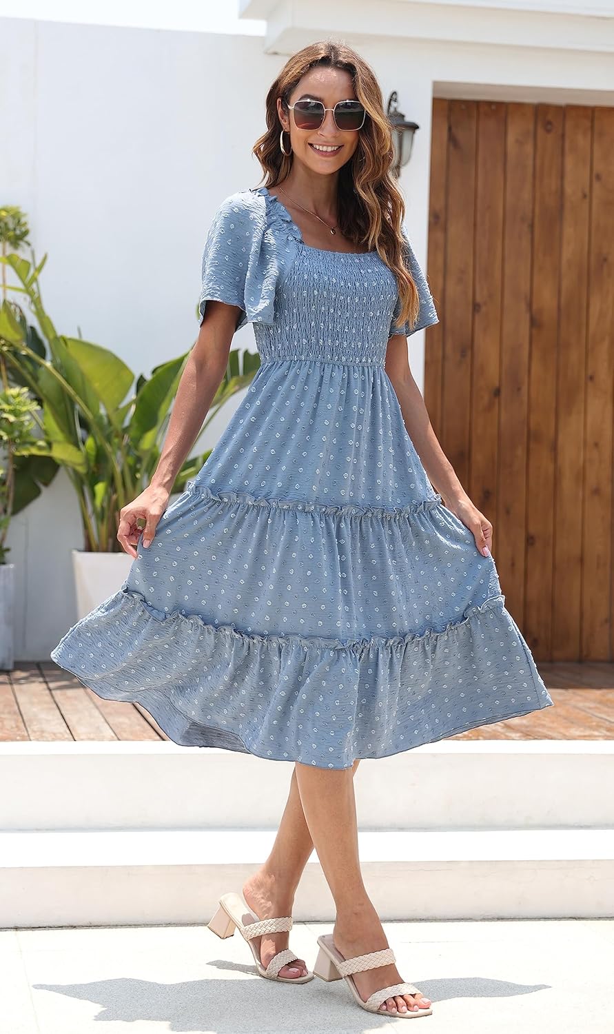 Damen Smocked Midi Kleid Kurzarm U-Ausschnitt Sommerkleid A-Linie Maxikleid Cocktail S Stahlblau, S
