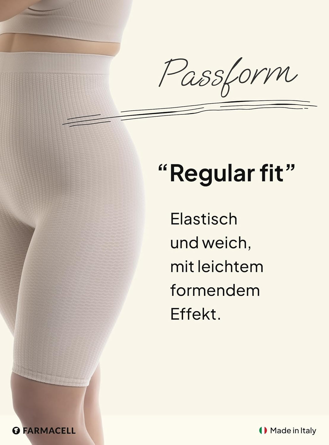 FarmaCell 113 Shorts Hohe Taille, massierende und reduzierende Hose, Anti-Cellulite, Beige