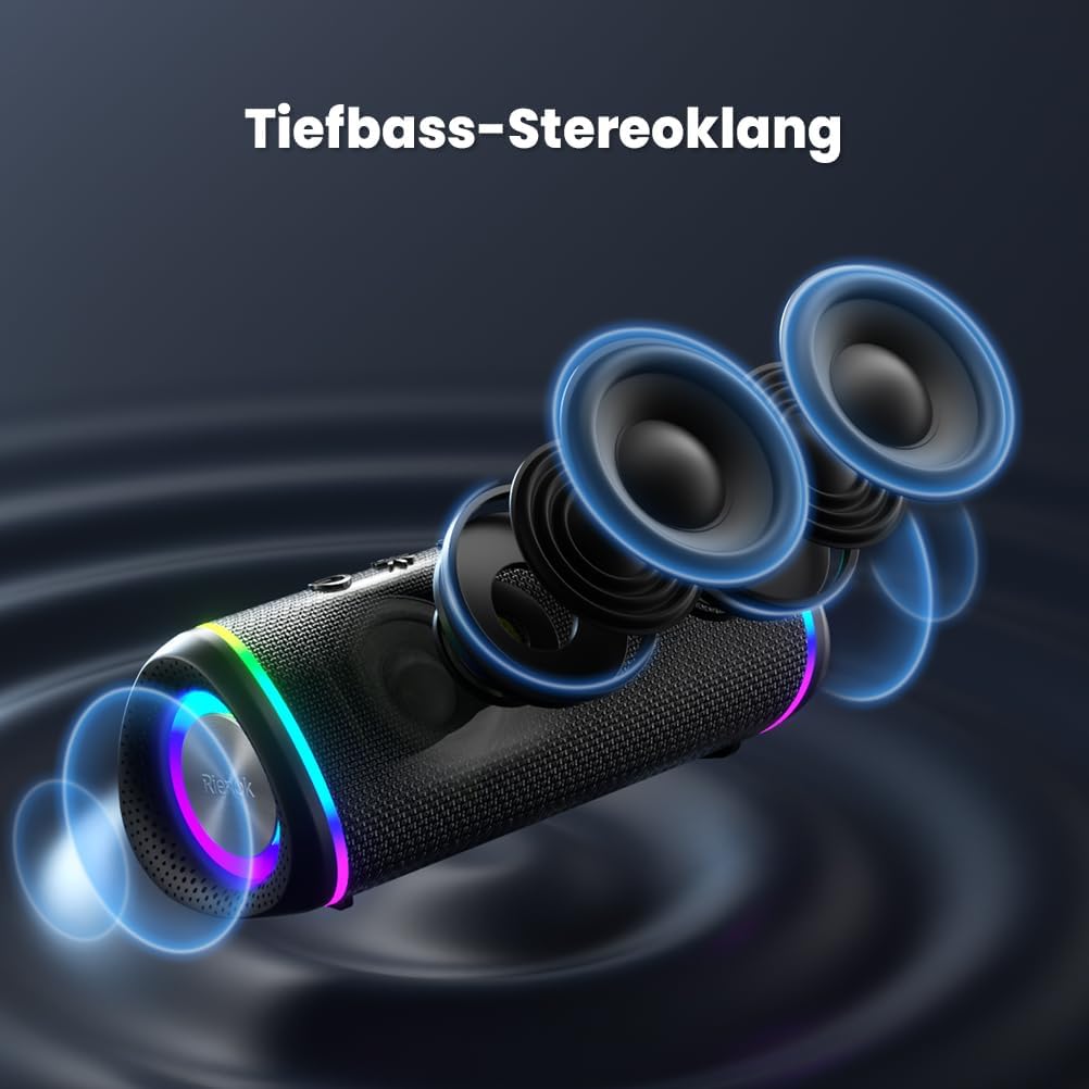 RIENOK Bluetooth Lautsprecher 30W Musikbox 5.3 mit RGB Licht Tragbarer Musik Box IPX5 Wasserdicht Sp