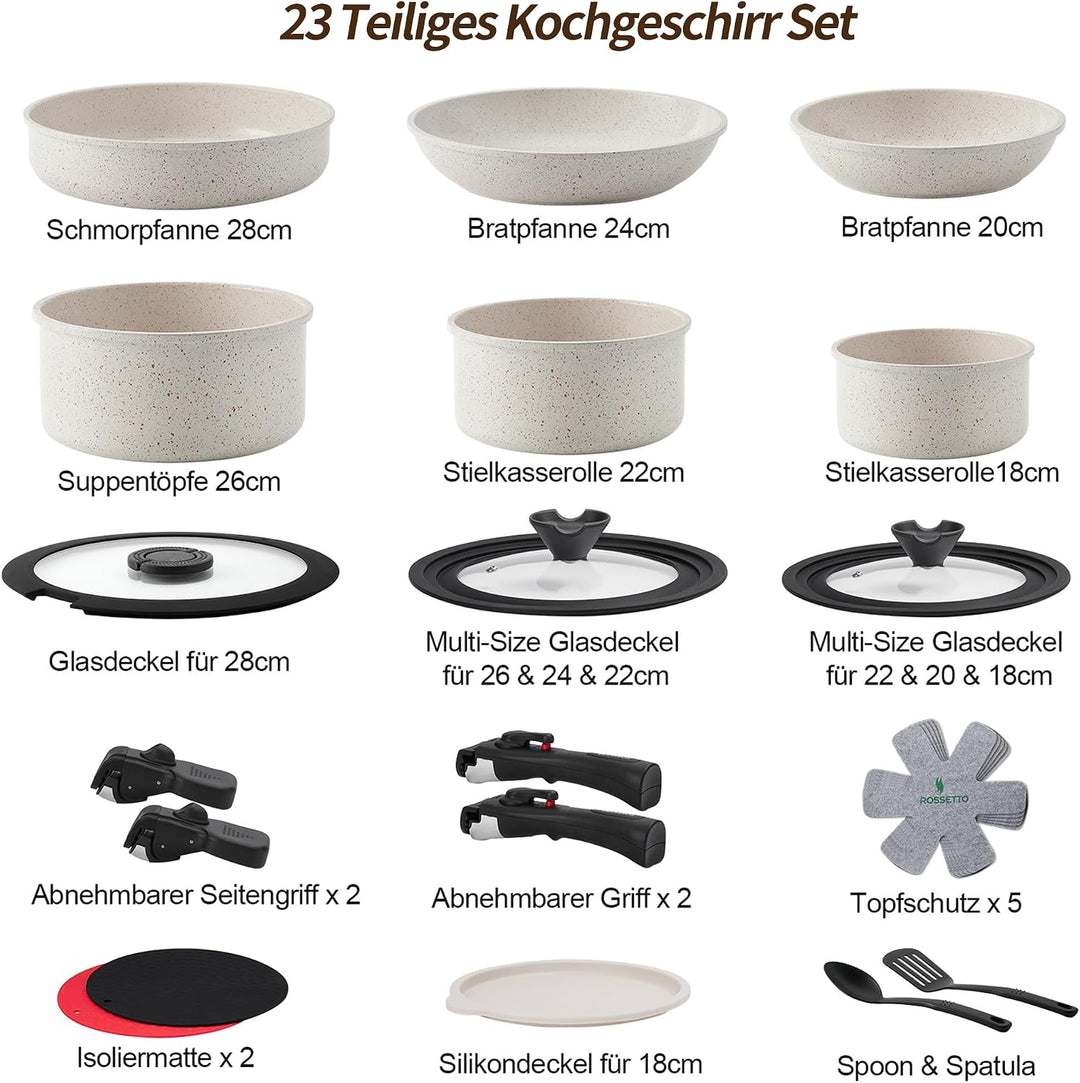 Pfannenset Induktion 23 Teilig, Töpfe Set mit Abnehmbarem Griff, PFOA Frei | Topf und Pfannenset mit