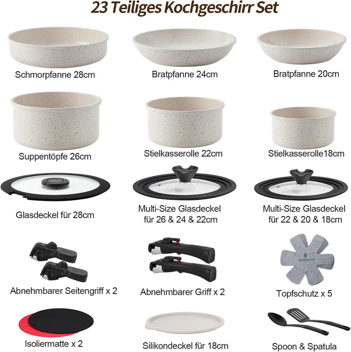 Pfannenset Induktion 23 Teilig, Töpfe Set mit Abnehmbarem Griff, PFOA Frei | Topf und Pfannenset mit