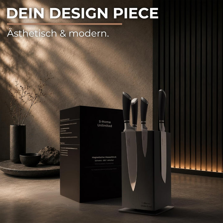 Magnetischer Messerblock ohne Messer | 360° drehbar | Massiver Holzblock in Schwarz mit sichtbarer M