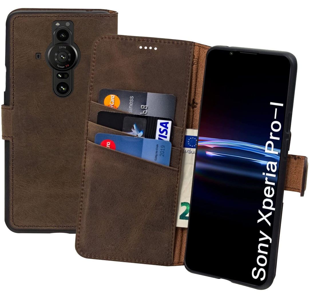 Suncase Book-Style Hülle kompatibel mit Sony Xperia Pro-I Leder Tasche (Slim-Fit) Lederhülle Handyta
