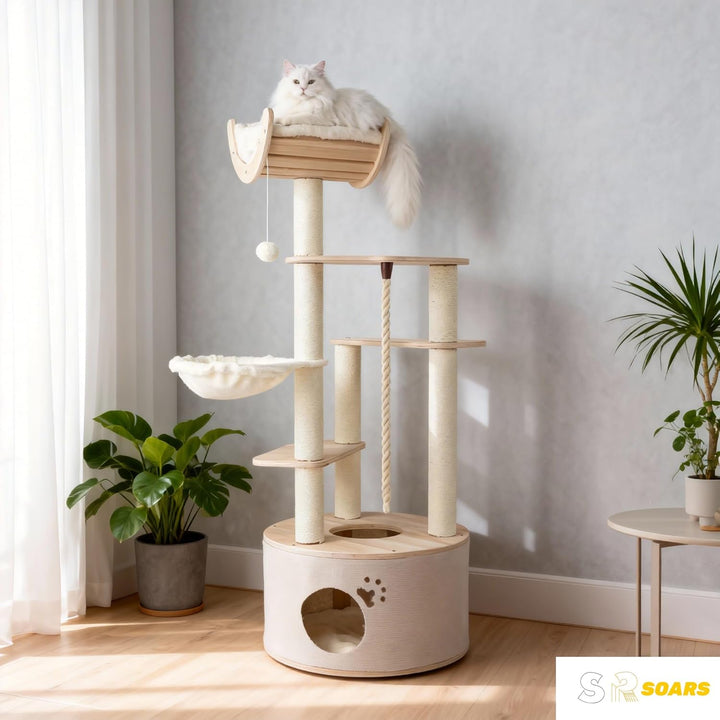 SOARS Kratzbaum, 141 cm Katzenbaum mit Höhle, Hängematte, gebogener Plattform, Hängebäll und waschba