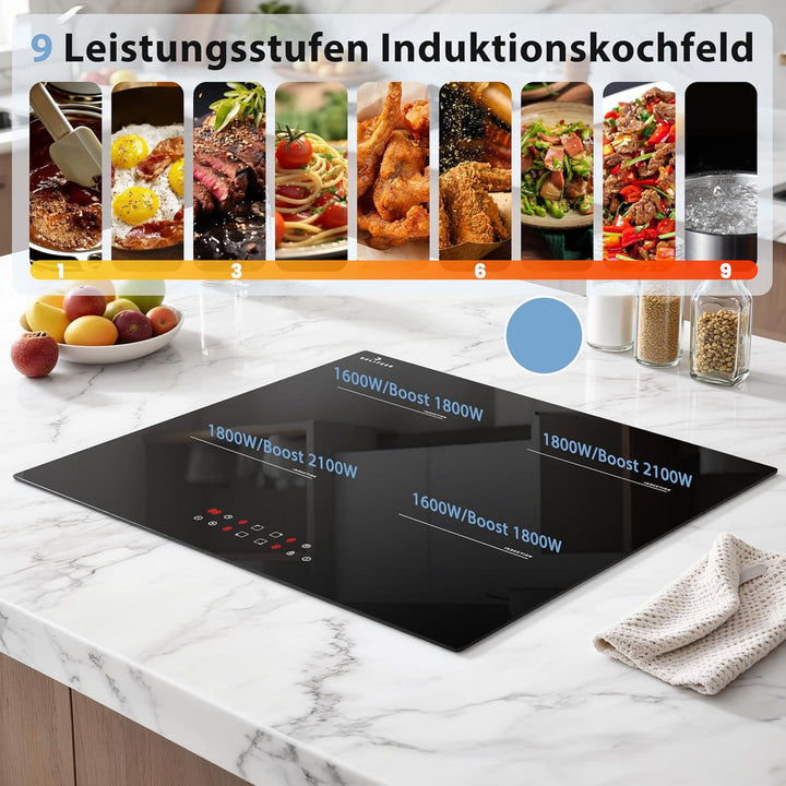 Induktionskochfeld 4 Platten, Kochfeld Induktion Autark, Einbau 60CM, 7200W, Individuelle Touch-Steu
