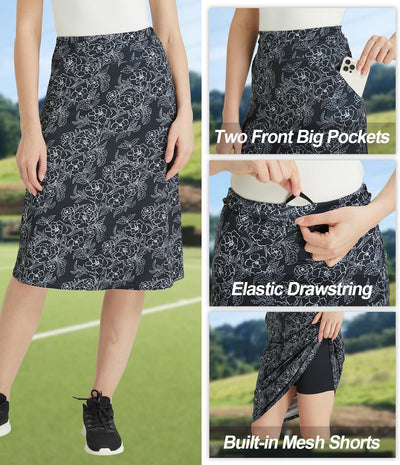 Westkun Damen Midi Golfrock mit Innenhose Hohe Taille Activewear Röcke mit Shorts und Taschen Hosenr