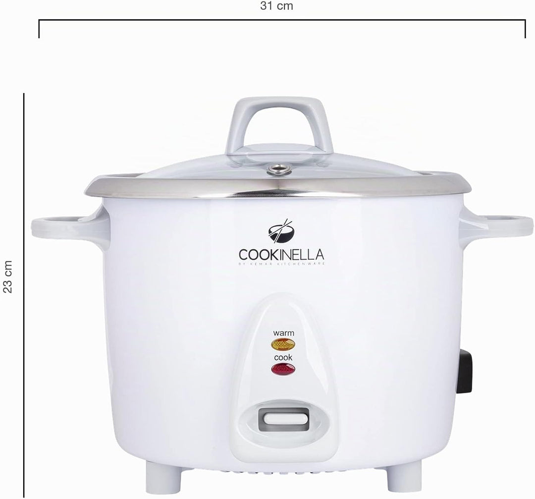 KeMar Kitchenware Cookinella KRC-200 Reiskocher Edelstahltopf | Kompakt (1,4L, 500W, Weiss) | Glasde