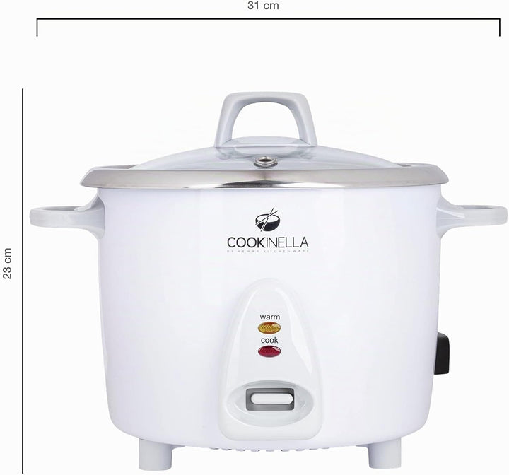 KeMar Kitchenware Cookinella KRC-200 Reiskocher Edelstahltopf | Kompakt (1,4L, 500W, Weiss) | Glasde