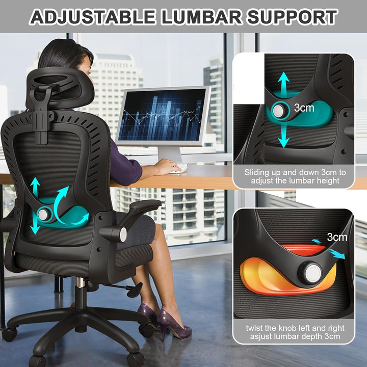 LEVIPE Bürostuhl Ergonomisch, Schreibtischstuhl mit Lendenwirbelstütze, Armlehnen, Verstellbare Kopf