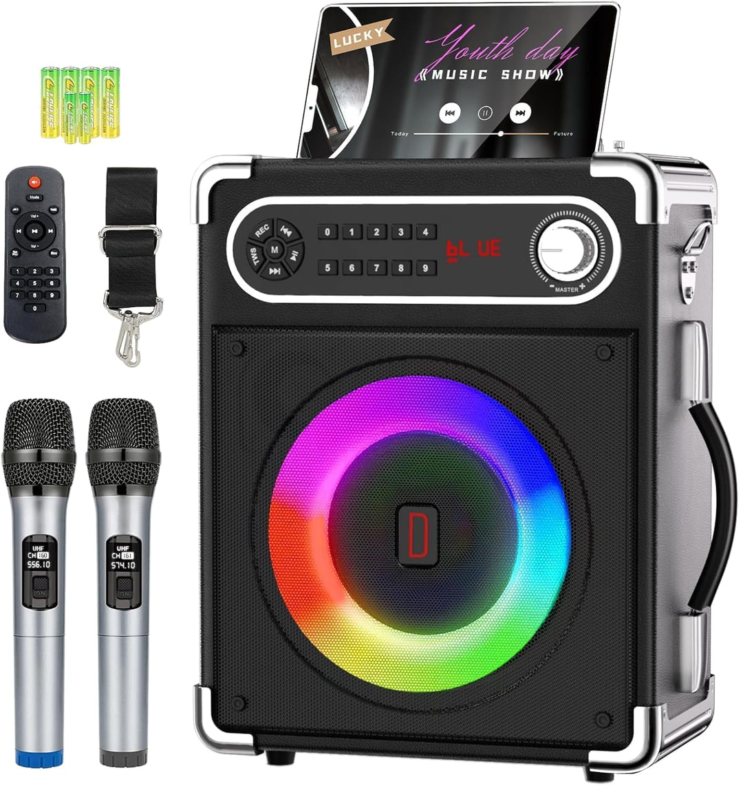 Karaoke-Maschine mit 2 kabellosen Mikrofonen, tragbarer Bluetooth 5.3-Lautsprecher mit LED-Leuchten,