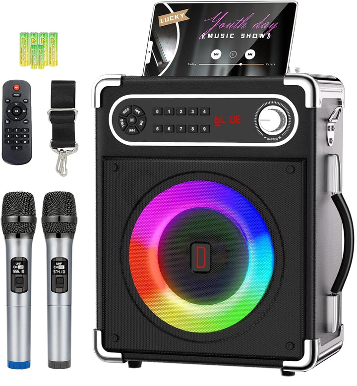 Karaoke-Maschine mit 2 kabellosen Mikrofonen, tragbarer Bluetooth 5.3-Lautsprecher mit LED-Leuchten,