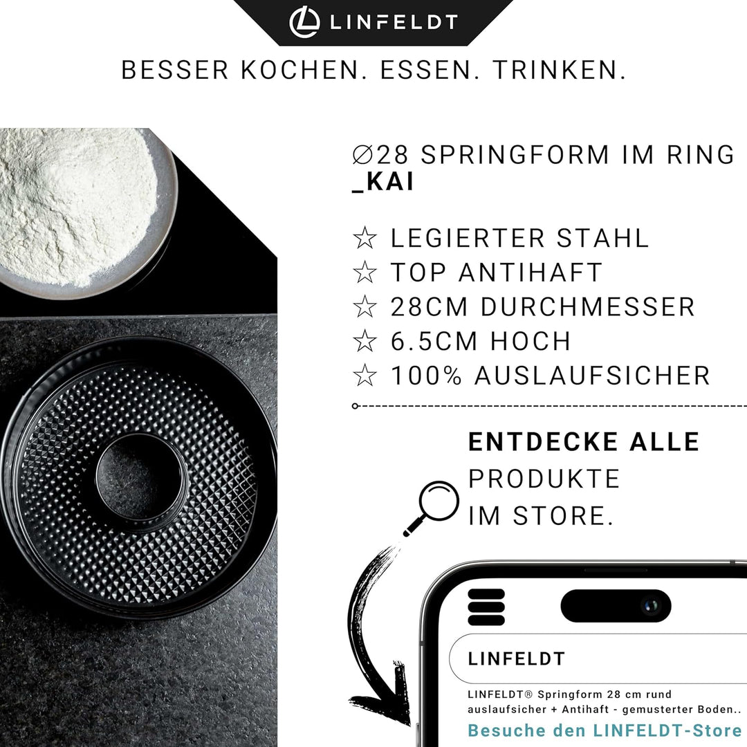 LINFELDT® Springform 28 cm rund auslaufsicher + Antihaft - gemusterter Boden - Tortenform 28 cm rund