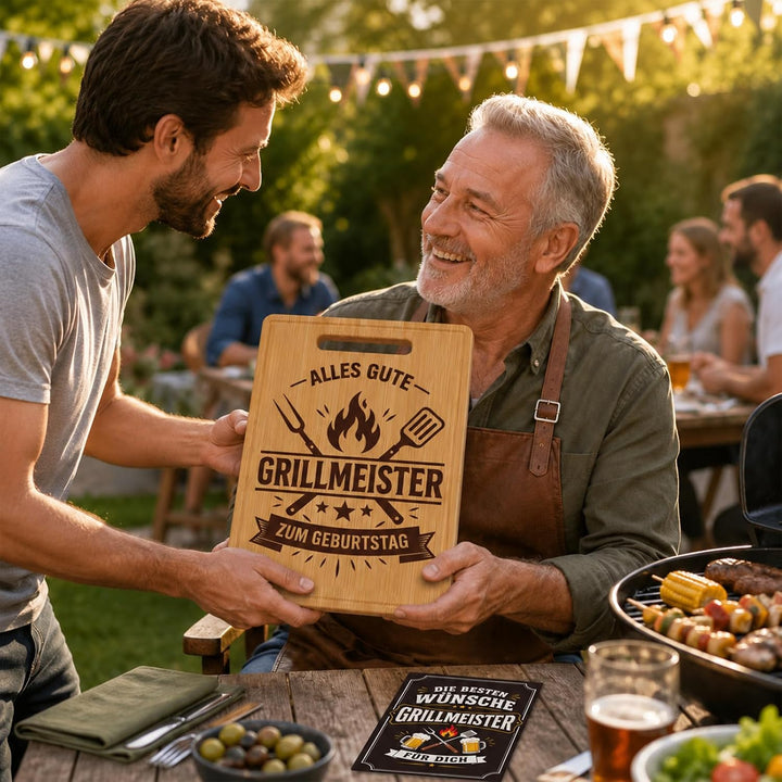 Geburtstagsgeschenk für Männer, Grillmeister Bambus Schneidebrett mit Karte, Grill Geschenk für Mann