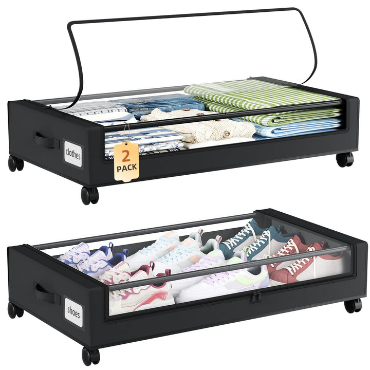 Somdot 2 Stück Schwarz 48L Unterbett Aufbewahrungsbox mit Deckel, Unterbettkommode mit Rollen, Aufbe