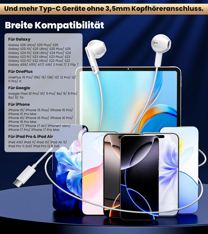 USB C Kopfhörer für Samsung Galaxy S26 S25 S24 Ultra A56 A55 iPhone 17 Kopfhörer mit Kabel USB C Hea