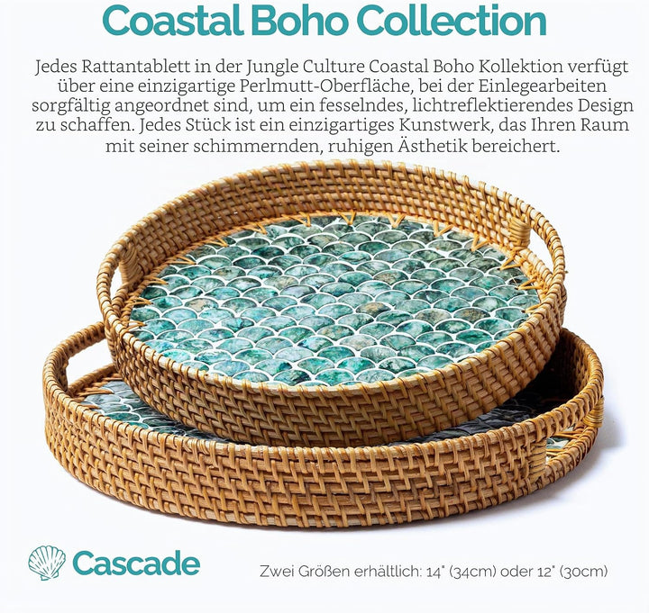 JUNGLE CULTURE Rattan Serviertablett rund 30 cm mit Perlmutt – Cascade • Coastal Boho • Handgefertig