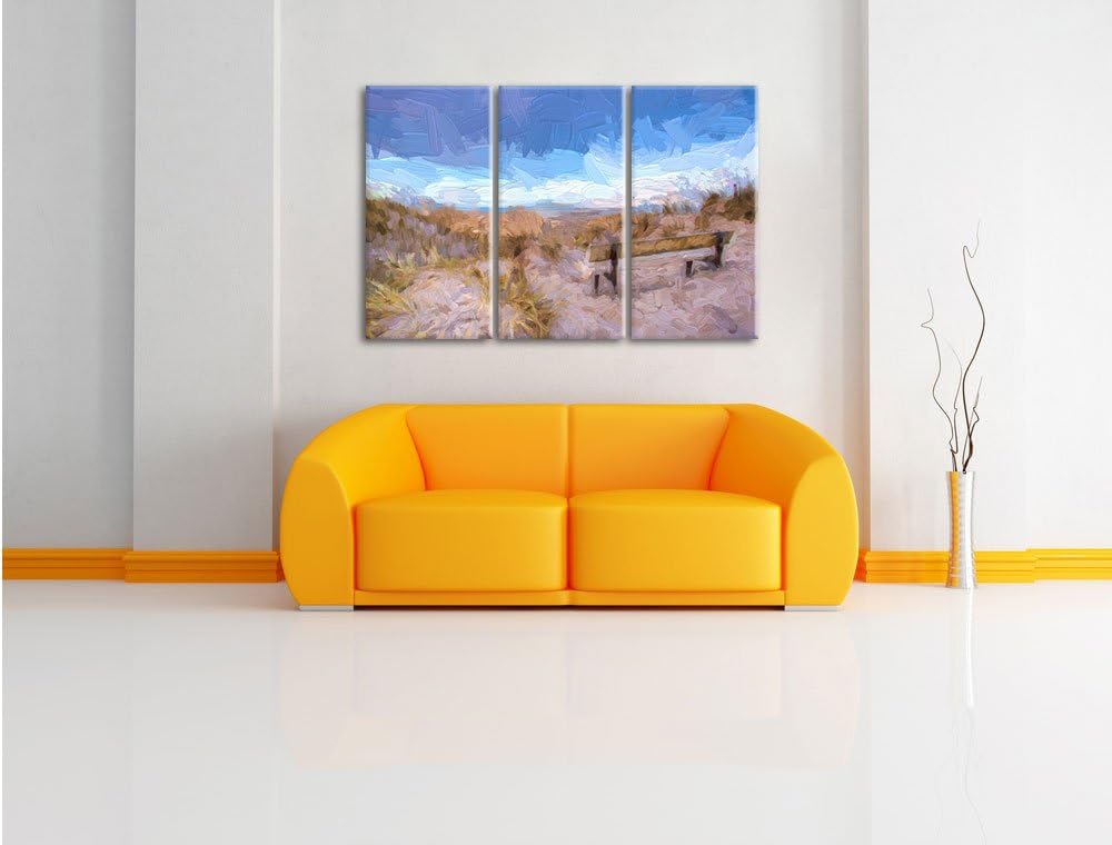 Pixxprint Bank in den Dünen mit Blick auf das Meer Kunst Pinsel Effekt 3-Teiler Leinwandbild 120x80