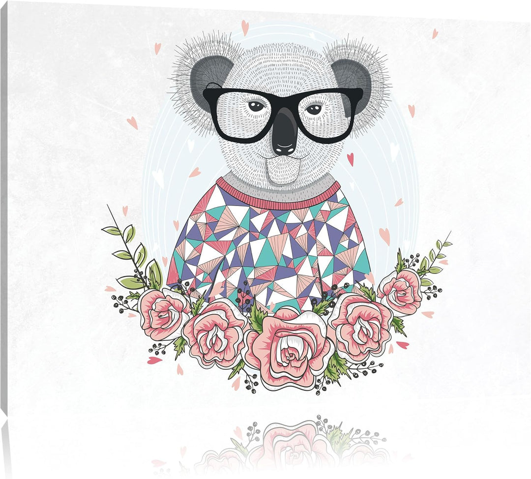 Pixxprint Hipster Koala mit Rosen als Leinwandbild/Grösse: 100x70 cm/Wandbild/Kunstdruck/fertig besp
