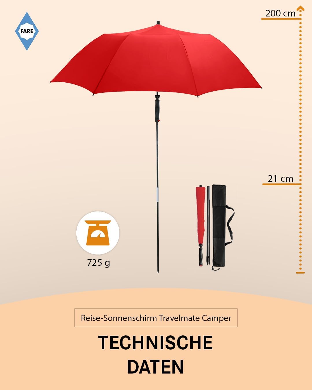 FARE Reise-Sonnenschirm Travelmate Camper UV Schutz 50+ für Koffer Flugzeug Camping Balkon Strand Ga