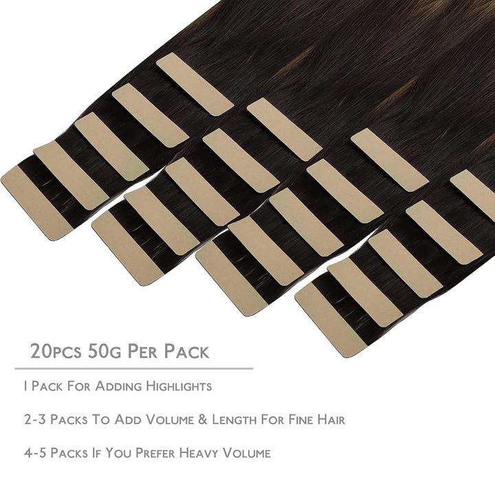 WENNALIFE Tape Extensions Echthaar, 20pcs 40g 30cm 12 Zoll Balayage Dunkel Braun to Chestnut Braun R