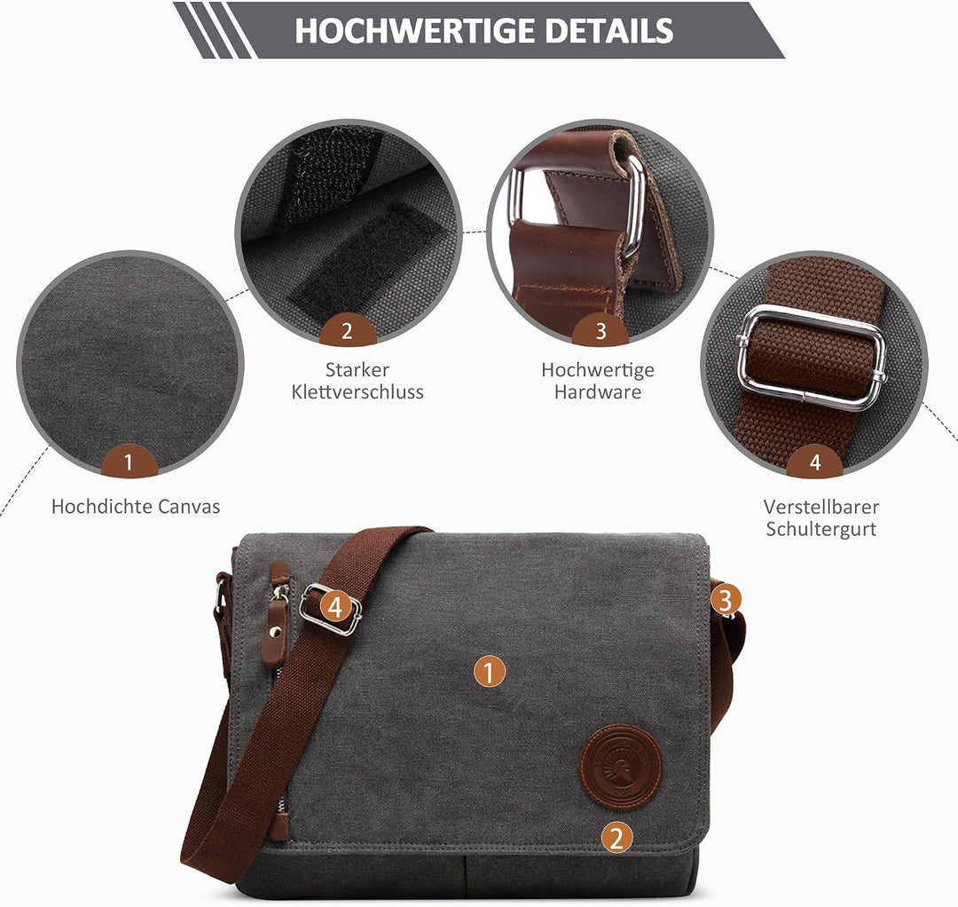 DORRISO Mode Umhängetasche Herren Schultertasche Canvas Schultertaschen für 14 Zoll Laptop Kuriertas