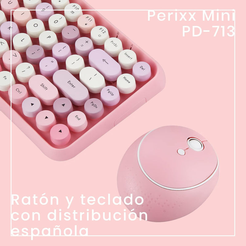 Perixx PERIDUO-713 Set mit Maus und Mini-Tastatur, kabellos, 2,4 GHz, runde Tasten, Retro-Stil, für