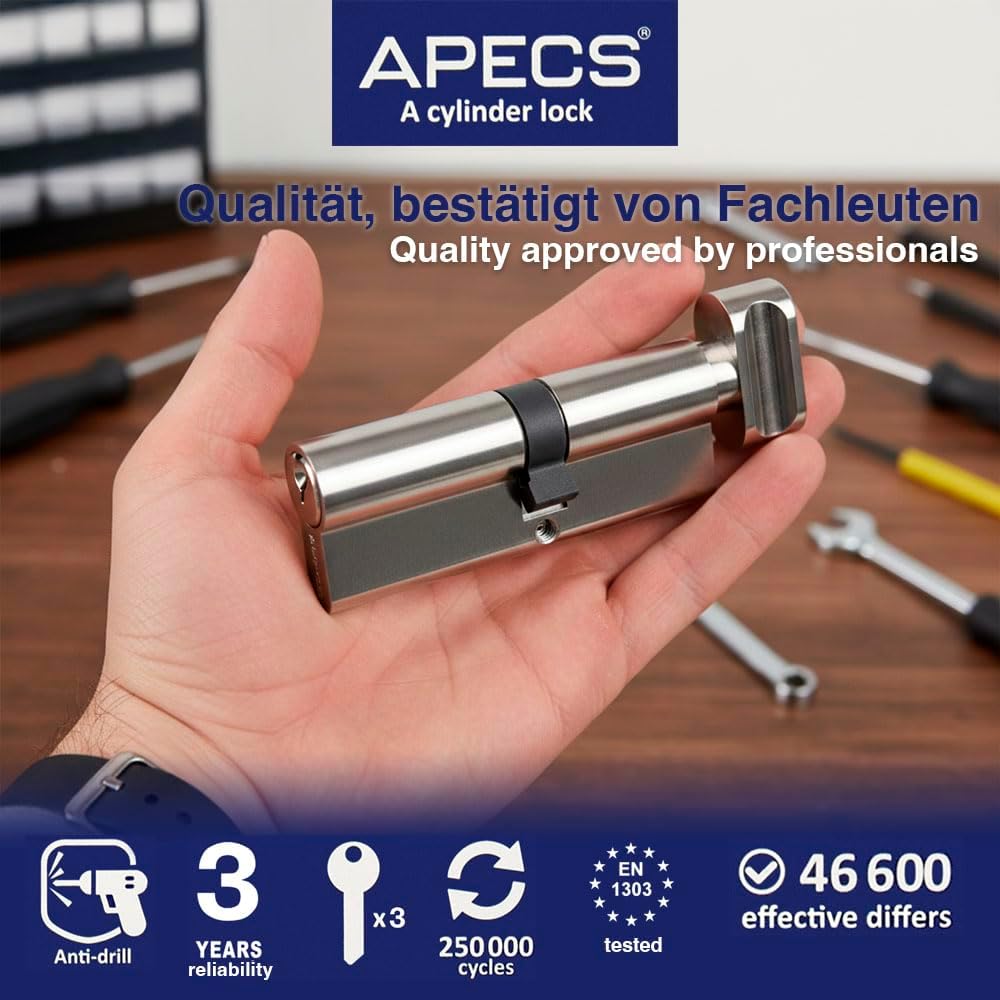 Knaufzylinder APECS Schliesszylinder mit Knauf Zylinderschloss 65(30/35C) mm fur Türschloss Haustür